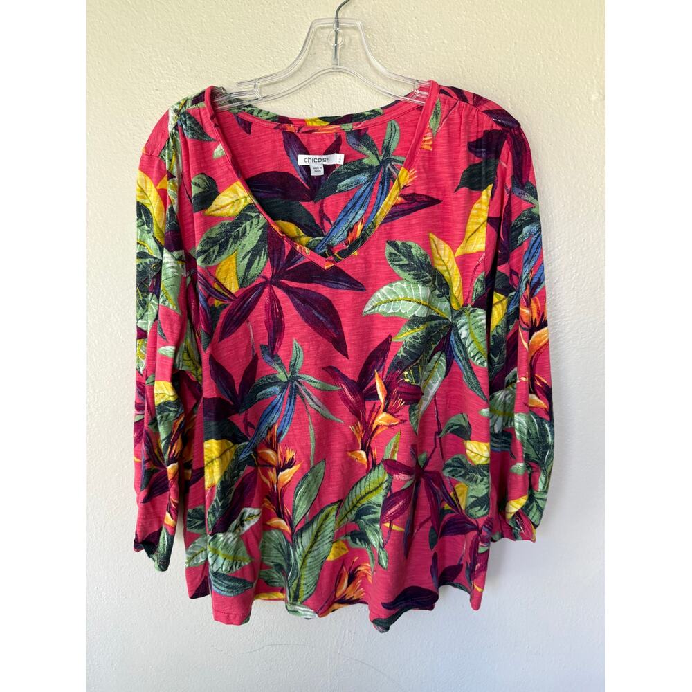 Chico’s 4 Size XXL Tropical Floral V Neck 3/4 Sleeve Top Pink Modal Cotton - Picture 2 of 11